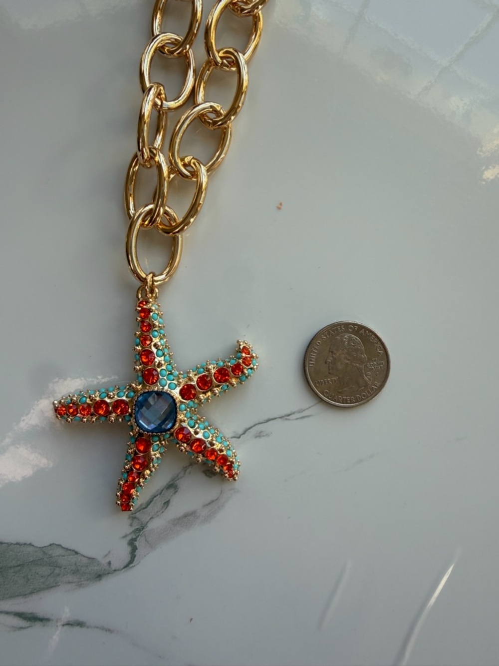 Rare Betsey Johnson Shiny Gold Oversized Link Starfish Necklace with Earrings - Picture 5 of 7